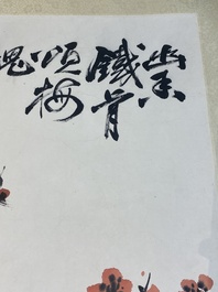 Guan Shanyue 關山月 (1912-2000): 'Pruimenbloesems', inkt en kleur op papier, gedateerd 1992