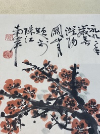 Guan Shanyue 關山月 (1912-2000): 'Pruimenbloesems', inkt en kleur op papier, gedateerd 1992