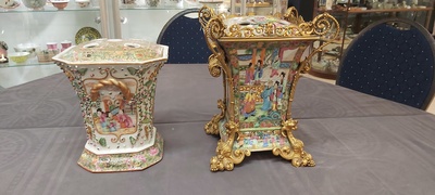 Two fine Chinese Canton famille rose flower holders, one with a gilt bronze mount, 19th C.