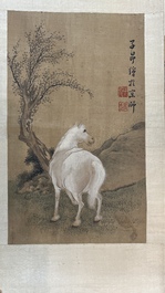 Volger van Zhao Mengfu 趙孟頫 (1254-1322): 'Vier paarden', inkt en kleur op zijde, 19/20e eeuw