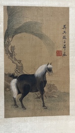 Volger van Zhao Mengfu 趙孟頫 (1254-1322): 'Vier paarden', inkt en kleur op zijde, 19/20e eeuw