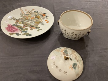 A Chinese qianjiang cai dish with Dai Yucheng 戴裕成 seal mark and a covered bowl, signed Yu Luchang 余吕昌 and dated 1885