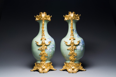 A pair of Chinese blue and white celadon vases with gilt bronze mounts, 19th C.