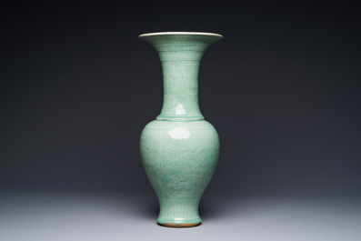 A Chinese Longquan celadon baluster vase with anhua floral design, Ming