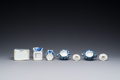 Two Chinese blue and white vases, two miniature jugs and a tea caddy, Kangxi