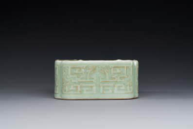 A square Chinese gilt monochrome celadon-glazed 'dragon' bowl, Daoguang mark and of the period