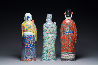 Three Chinese famille rose figures of star gods, seal marks, 19/20th C.