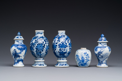 Five Chinese blue and white vases, Kangxi