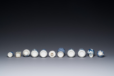 Ten Chinese blue and white vases and snuff bottles, 19th C.