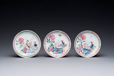 Three Chinese famille rose 'pheasant' cups and saucers, Yongzheng