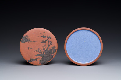 A Chinese blue-enameled Yixing stoneware box and cover with a mountainous landscape, 18/19th C.