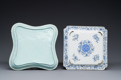 Two Chinese Canton enamel square trays with narrative design, Shou 壽 mark, 18/19th C.