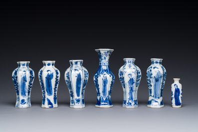 Seven Chinese blue and white 'Long Eliza' miniature vases, Kangxi