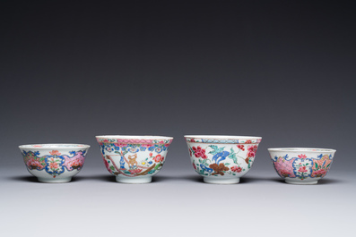 Four Chinese famille rose cups and three saucers with floral design, Yongzheng