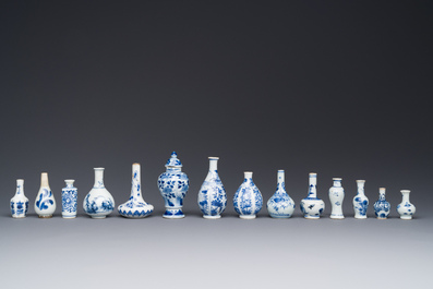 Quatorze vases miniatures en porcelaine de Chine en bleu et blanc &agrave; d&eacute;cor floral, Kangxi