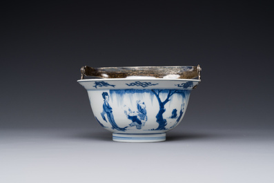 A Chinese blue and white bowl depicting playing boys and ladies with a mounted silver handle, Chenghua mark, Kangxi