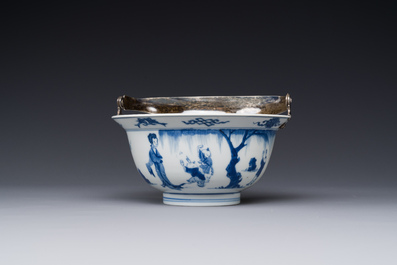 A Chinese blue and white bowl depicting playing boys and ladies with a silver handle, Chenghua mark, Kangxi