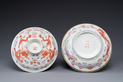 A Chinese famille rose bowl and cover with dragons chasing pearls, Guangxu mark, 19th C.