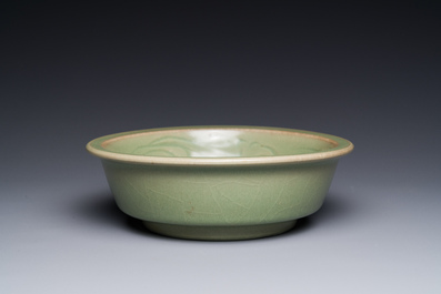 A Chinese Longquan celadon brush washer with anhua fish design, Yuan/Ming