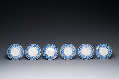 Six soucoupes en porcelaine de Chine en bleu et blanc &agrave; d&eacute;cor d'acupuncture, Kangxi