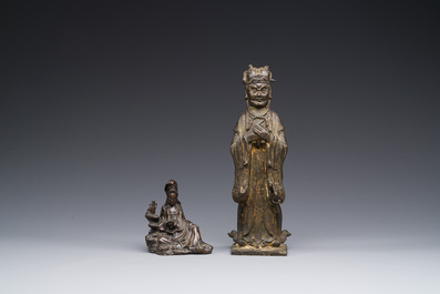 Two Chinese bronze figures of Wenchang and Guanyin, Ming