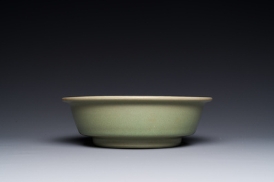 A Chinese Longquan celadon brush washer with anhua fish design, Yuan/Ming