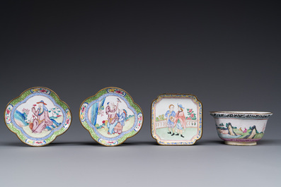 Three Chinese Canton enamel saucers and a bowl, Shangxin 赏心 mark, Yongzheng/Qianlong