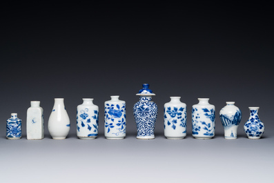 Ten Chinese blue and white vases and snuff bottles, 19th C.