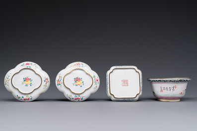 Three Chinese Canton enamel saucers and a bowl, Shangxin 赏心 mark, Yongzheng/Qianlong