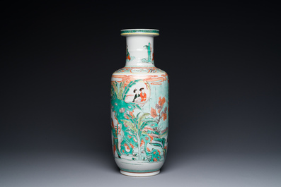 A Chinese famille verte rouleau vase with narrative design, 19th C.