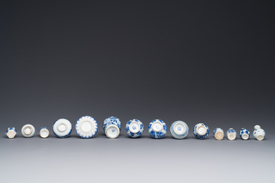 Veertien Chinese blauw-witte miniatuur vazen met floraal decor, Kangxi