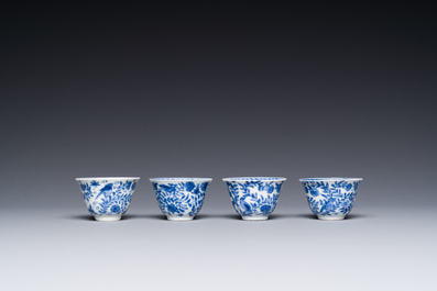 Four Chinese blue and white miniature cups and saucers, butterfly mark, Kangxi