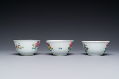 Three Chinese famille rose 'pheasant' cups and saucers, Yongzheng