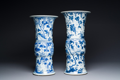 Two Chinese blue and white 'gu' vases with squirrels among grape vines, Kangxi