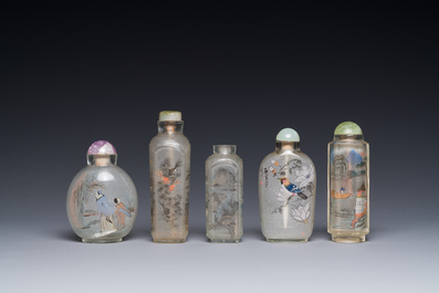 Five Chinese inside-painted glass snuff bottles, 20th C.