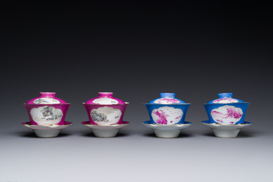 Two pairs of Chinese qianjiang cai covered bowls and saucers, Lin Lu 岺盧 signed, 19/20th C.