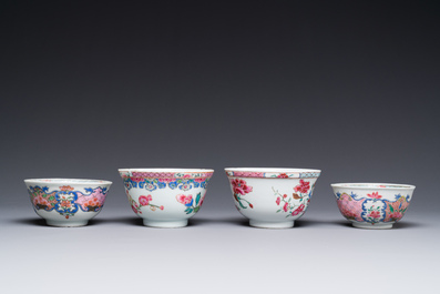 Four Chinese famille rose cups and three saucers with floral design, Yongzheng