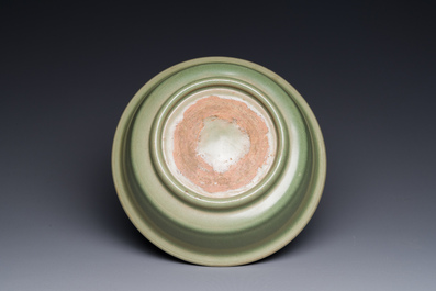 A Chinese Longquan celadon brush washer with anhua fish design, Yuan/Ming