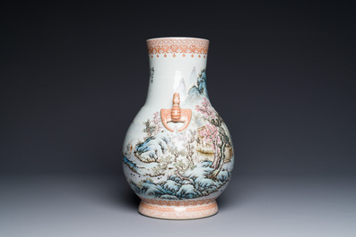 A Chinese famille rose 'hu' vase with mountainous landscape, signed Wang Xiaoting 汪小亭, dated 1943