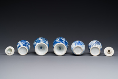 Five Chinese blue and white vases, Kangxi