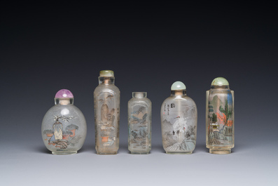 Five Chinese inside-painted glass snuff bottles, 20th C.