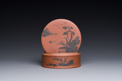 A Chinese blue-enameled Yixing stoneware box and cover with a mountainous landscape, 18/19th C.