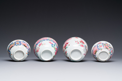 Four Chinese famille rose cups and three saucers with floral design, Yongzheng