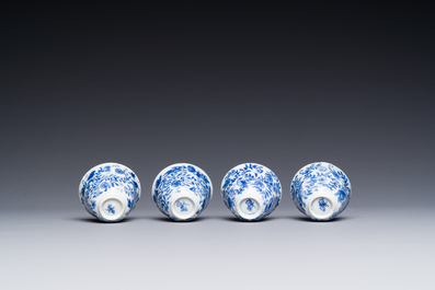 Four Chinese blue and white miniature cups and saucers, butterfly mark, Kangxi