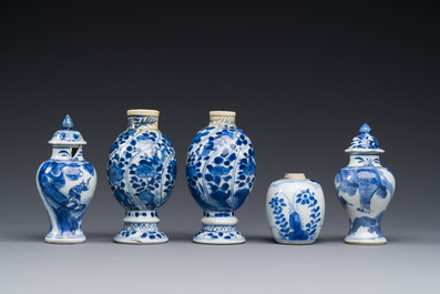 Five Chinese vases in blue and white, Kangxi