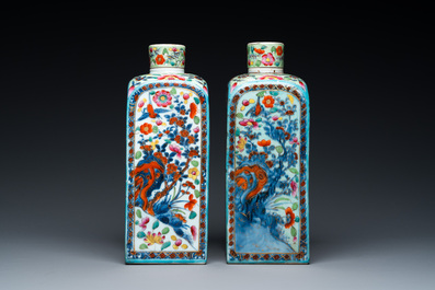 A pair of Chinese blue and white square flasks with European overdecoration, Kangxi