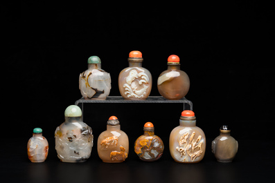 Nine Chinese agate snuff bottles, 19/20th C.