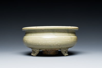 Two Chinese Longquan celadon tripod censers, Ming