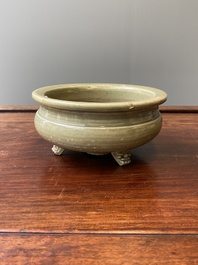 Two Chinese Longquan celadon tripod censers, Ming