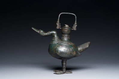 A Chinese archaistic bronze wine vessel in the shape of a goose, Song